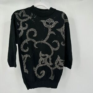 Vintage Women Black Glitter Embellished Sweater Size M Gothic Glam Dark Romantic
